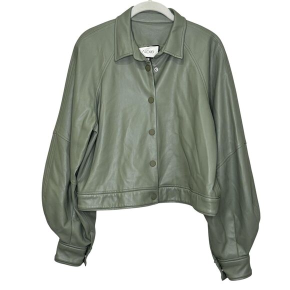 Alexis Jacket Womens Medium Sage Faux Leather Cropped Snap Front Puff Sleeves - Picture 1 of 11